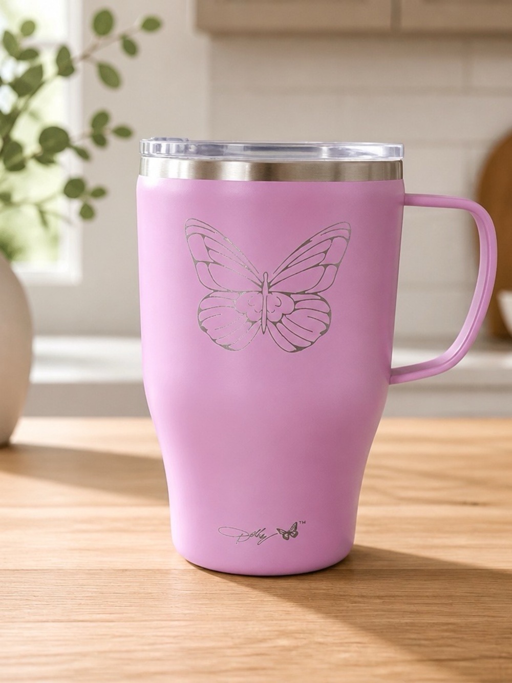 Insulated Pink Travel Mug with Butterfly Accent and Handle